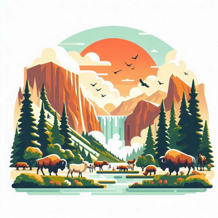 Landscape with mountains, river and wild animals. Vector illustration.のイラスト素材