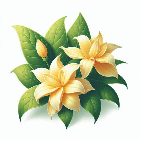 Frangipani flowers and leaves isolated on white background. Vector illustration.のイラスト素材