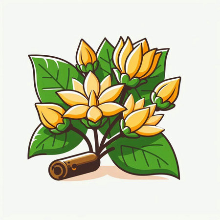 Illustration of orange freesia flowers with leaves and cinnamon sticksのイラスト素材