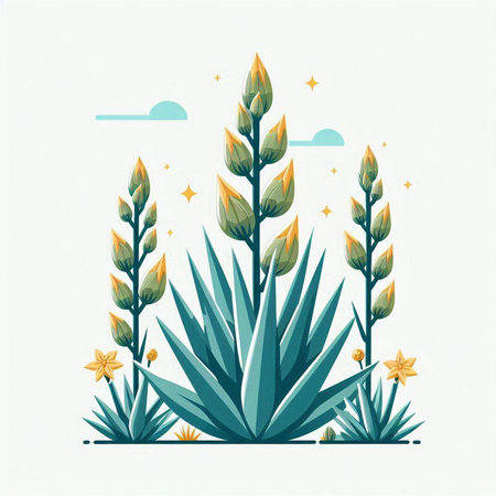 Vector illustration of blue agave plant with yellow flowers and stars.のイラスト素材