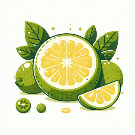 Illustration of lime with green leaves on white background. Vector illustration.のイラスト素材