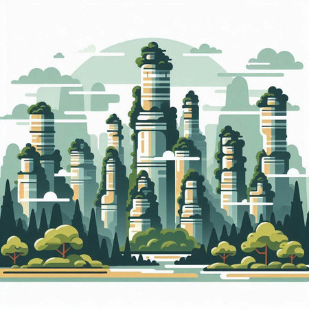 City landscape with skyscrapers, trees and lake. Vector illustration.のイラスト素材