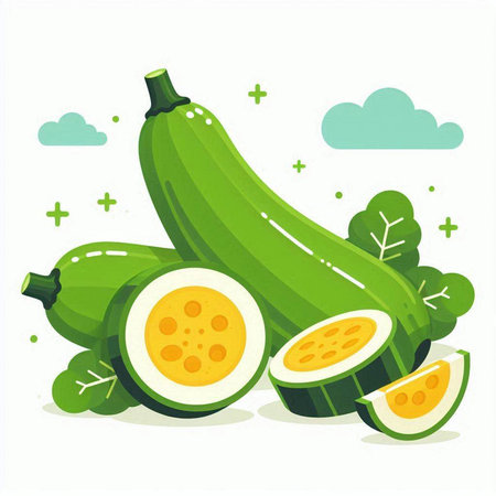 Vector illustration of fresh green zucchini on white background. Healthy food concept.のイラスト素材