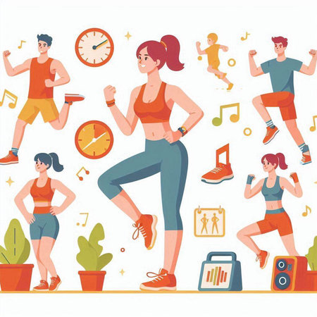Vector illustration of a group of people doing fitness exercises. Flat style.のイラスト素材