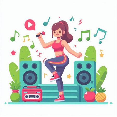 Young sporty girl singing into a microphone. Flat vector illustration.のイラスト素材