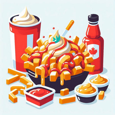 French fries with mayonnaise and ketchup. Vector illustration.のイラスト素材