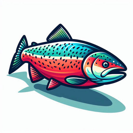 Colorful rainbow trout fish on white background. Vector illustration in retro styleのイラスト素材