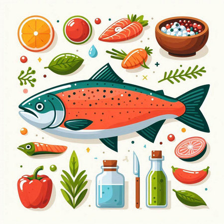Vector illustration of salmon, vegetables, herbs and spices in flat style.のイラスト素材