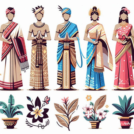Vector set of ethnic indian men and women in traditional costume.のイラスト素材
