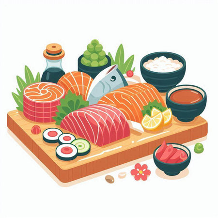 Illustration of Japanese food. Sashimi, sushi and rolls. Vector illustration.のイラスト素材
