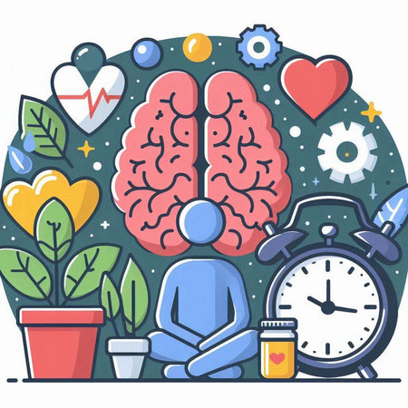 Alarm clock and human brain. Mental health concept. Vector illustrationのイラスト素材