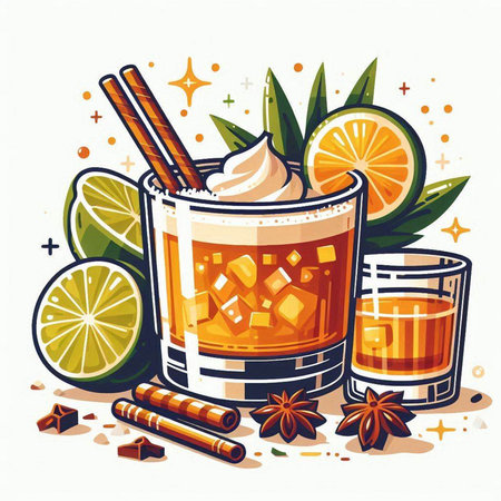 Cocktail with lime, ice and cinnamon. Vector illustration.のイラスト素材