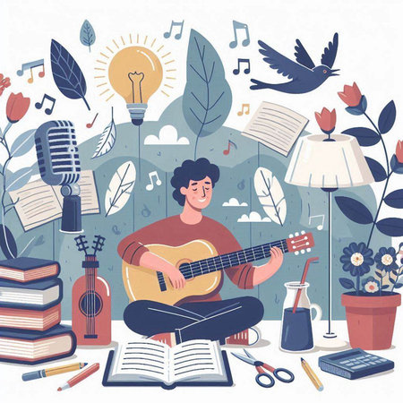 Vector illustration of a man playing guitar and singing in the living room.のイラスト素材