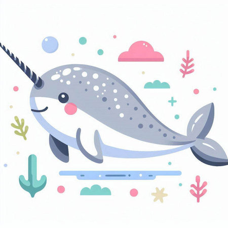 Cute cartoon whale on a white background. Vector illustration in flat style.のイラスト素材