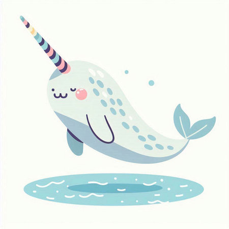 Cute kawaii narwhal in water. Vector illustration.のイラスト素材