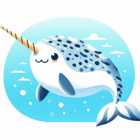 Cute cartoon narwhal with ice cream on blue background.のイラスト素材