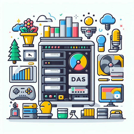 Colorful vector illustration in flat line style with electronic devices and objects.のイラスト素材