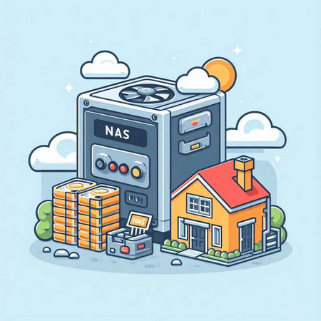Illustration of a home automation system on blue background with clouds.のイラスト素材