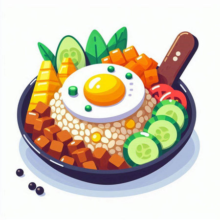 Illustration of fried egg with rice and vegetables in a frying panのイラスト素材