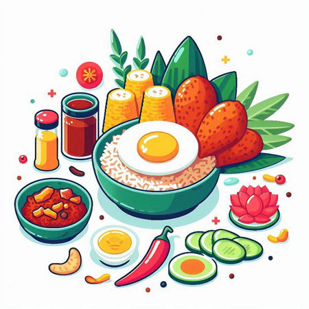 Korean food vector illustration. Fried egg, rice, vegetables and spices.のイラスト素材