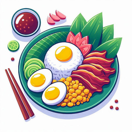 Illustration of a Japanese food set on a white background. Vector illustration.のイラスト素材