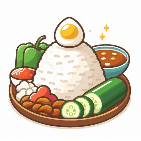 Illustration of a bowl of rice with a boiled egg and vegetablesのイラスト素材