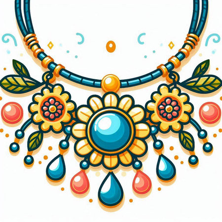 Necklace with colorful flowers and beads on white background. Vector illustration.のイラスト素材