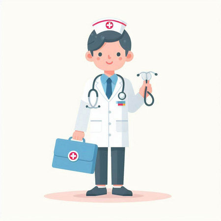 Male nurse with stethoscope and first aid kit. Vector illustration.のイラスト素材