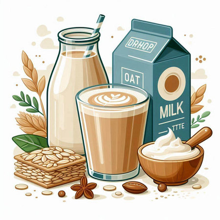 Coffee and milk products vector illustration. Milk, almond milk, almond milk, almond milkのイラスト素材