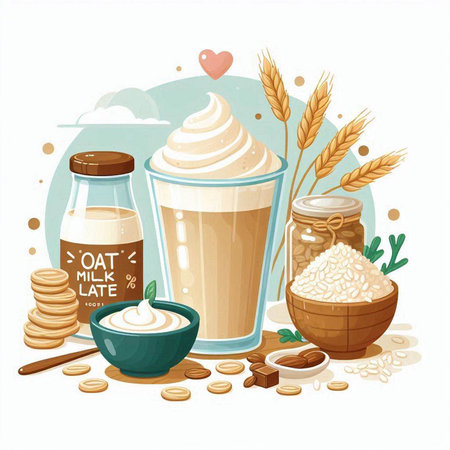 Illustration of a glass of coffee, a jar of milk, a bowl of grain, a jar of cream, a bottle of cream and a bowl of wheat ears on a white backgroundのイラスト素材