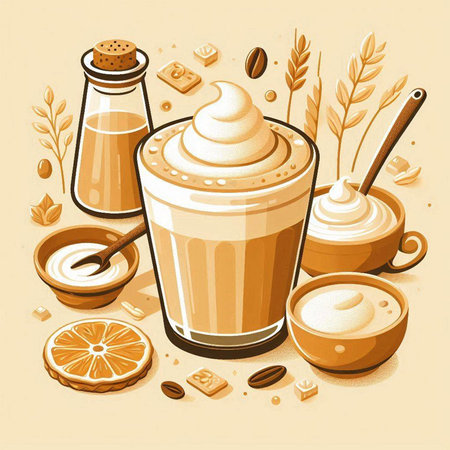 Coffee cup with whipped cream, coffee beans, sugar, cinnamon, lemon, salt, brown sugar, spoon. Vector illustration.のイラスト素材