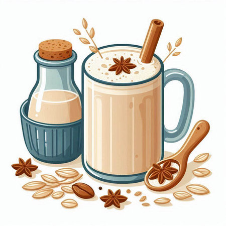 Cup of coffee with milk, cinnamon, anise and grains. Vector illustrationのイラスト素材