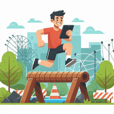 Man running on obstacle course in park. Vector flat cartoon illustration.のイラスト素材