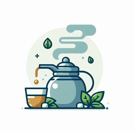 Tea ceremony vector icon. Teapot and tea cup with tea leaves.のイラスト素材