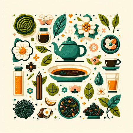 Tea flat icons set with cups, teapot, tea leaves and flowers isolated vector illustrationのイラスト素材