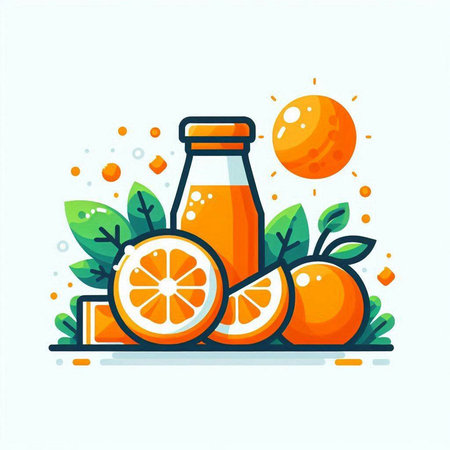 Orange juice in a bottle and slices of orange. Vector illustration.のイラスト素材