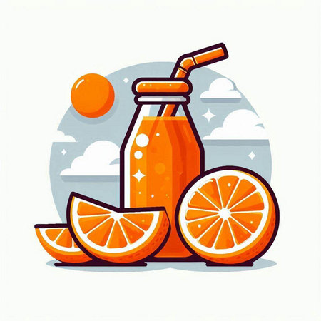 Orange juice in a glass bottle with a straw. Vector illustration.のイラスト素材