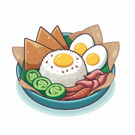 Illustration of a bowl of rice with fried eggs, bacon and vegetablesのイラスト素材