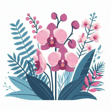 Orchid flowers and leaves. Vector illustration in flat cartoon style.のイラスト素材