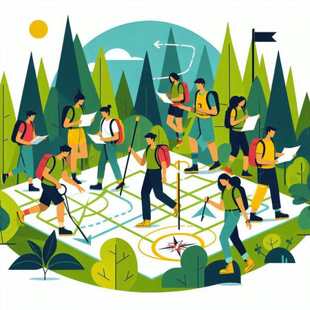 Group of young people hiking in nature. Flat style vector illustration.のイラスト素材