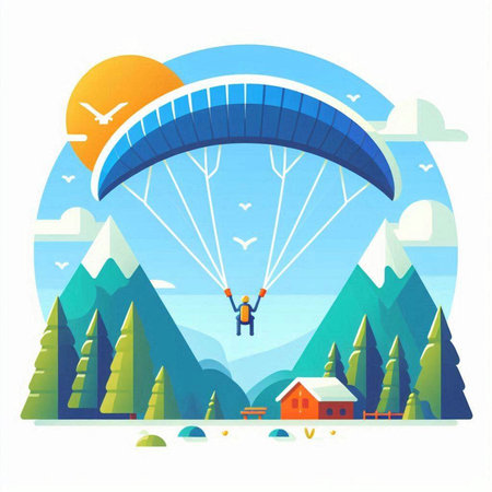 Paraglider flying in the sky. Vector illustration in flat styleのイラスト素材