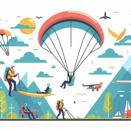 Paraglider flying in the sky. Flat style vector illustration.のイラスト素材