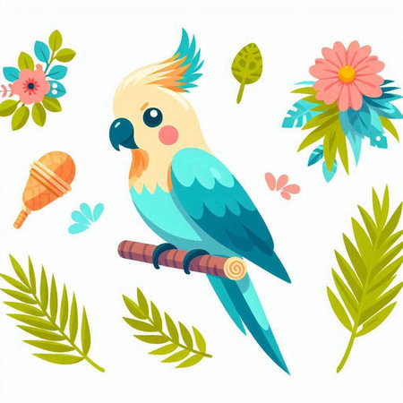 Cute parrot with tropical flowers isolated on white background. Vector illustration.のイラスト素材