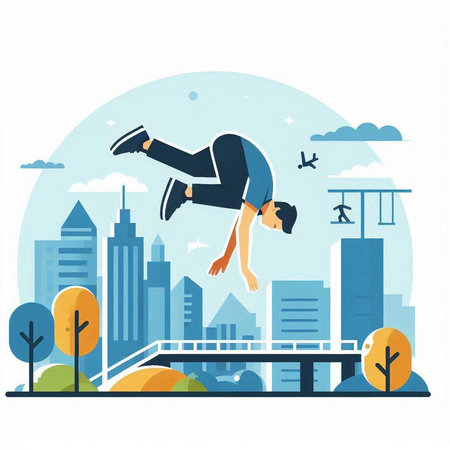 Vector illustration of a man jumping over a bridge in the city.のイラスト素材