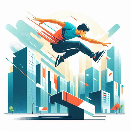 Young man jumping over a gap in the city, vector illustration.のイラスト素材