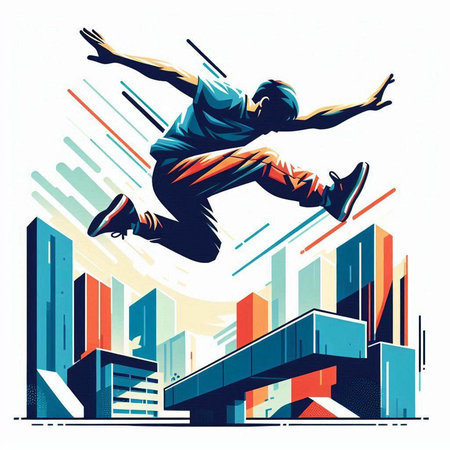 Vector illustration of a breakdancer jumping over a cityscape.のイラスト素材