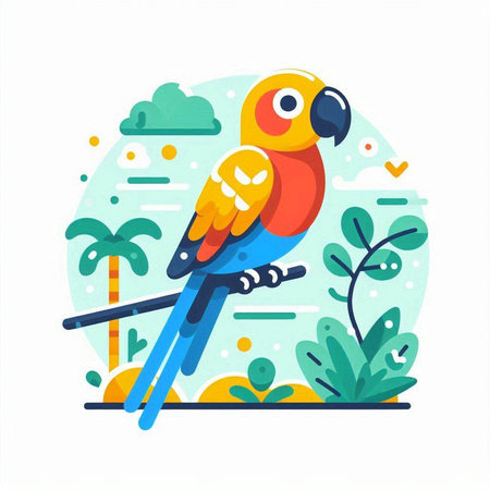 Cute parrot sitting on a branch. Flat vector illustration.のイラスト素材