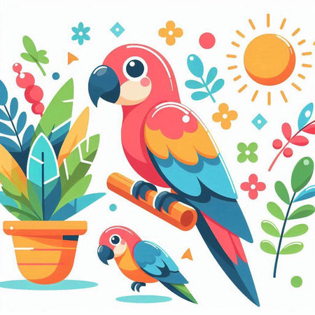Cute parrots and flowers. Vector illustration in flat style.のイラスト素材