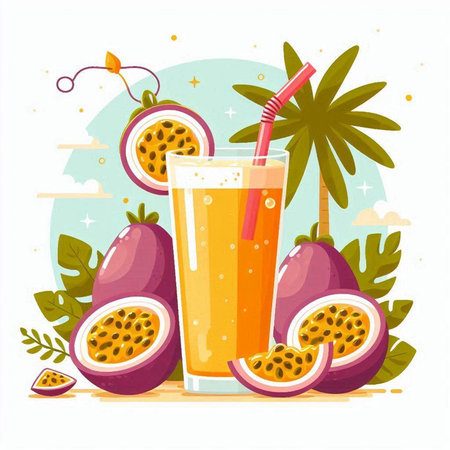 Passion fruit juice vector illustration. Juicy tropical fruit drink.のイラスト素材