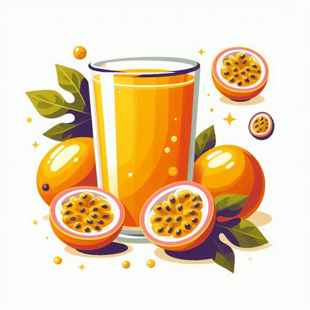 Passion fruit juice in a glass with fresh fruits. Vector illustration.のイラスト素材